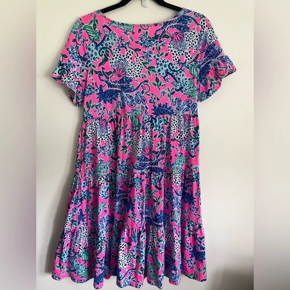 Lilly Pulitzer T-Shirt Jodee Dress Untamed Hearts Leopard Plumeria Blue Small - Picture 5 of 7